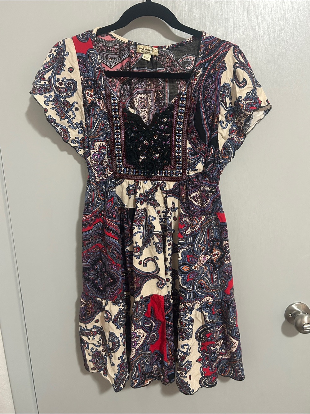 Boho Paisley Short Sleeve Dress in Cream and Red